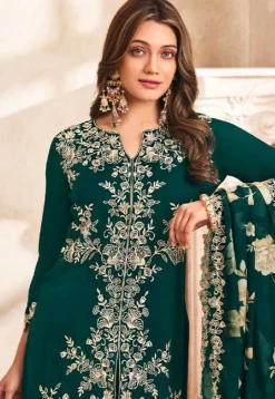 Embroidered Art Silk Pakistani Suit in Teal Green