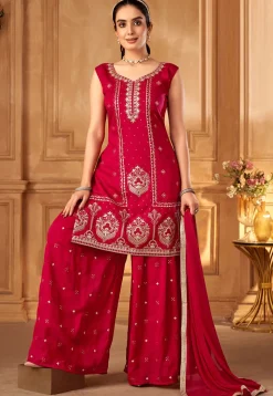 Embroidered Art Silk Pakistani Suit in Fuchsia