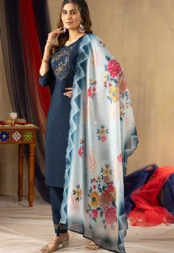 Embroidered Art Silk Pakistani Suit in Teal Blue