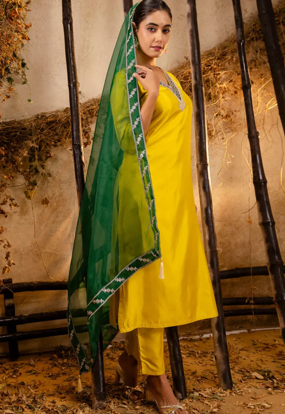 Embroidered Art Silk Pakistani Suit in Yellow