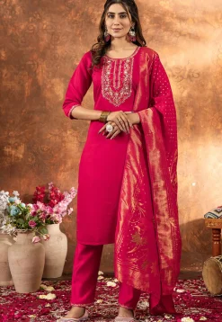 Embroidered Art Silk Pakistani Suit in Fuchsia