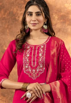 Embroidered Art Silk Pakistani Suit in Fuchsia