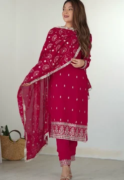 Embroidered Art Silk Pakistani Suit in Fuchsia