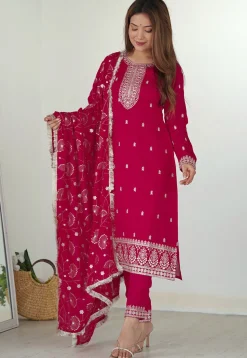 Embroidered Art Silk Pakistani Suit in Fuchsia