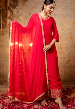 Embroidered Art Silk Pakistani Suit in Red