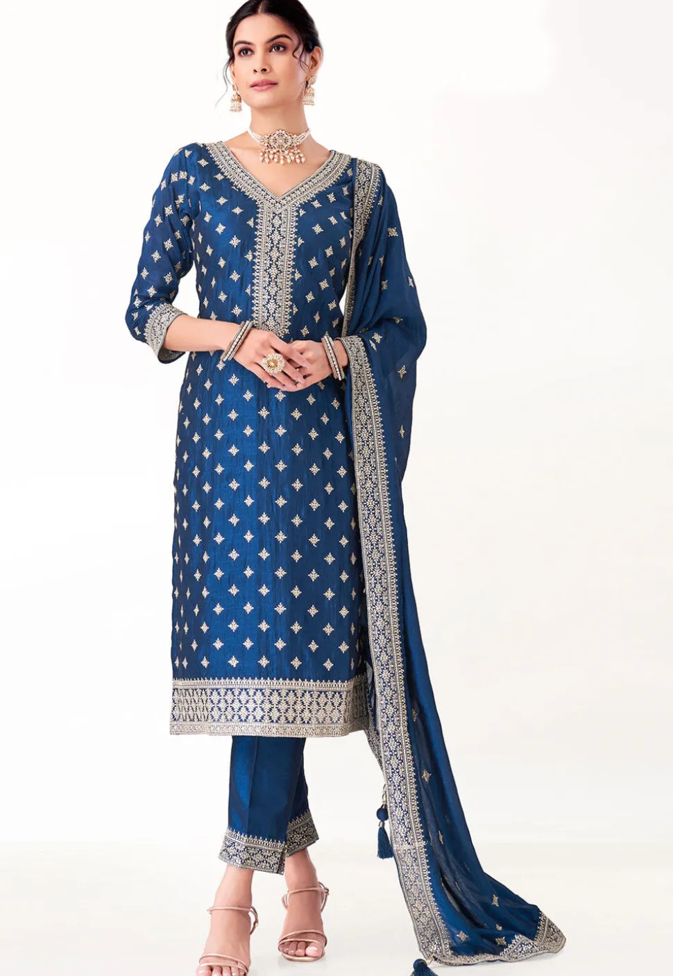Embroidered Art Silk Pakistani Suit in Teal Blue