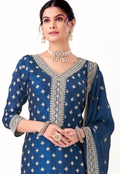 Embroidered Art Silk Pakistani Suit in Teal Blue