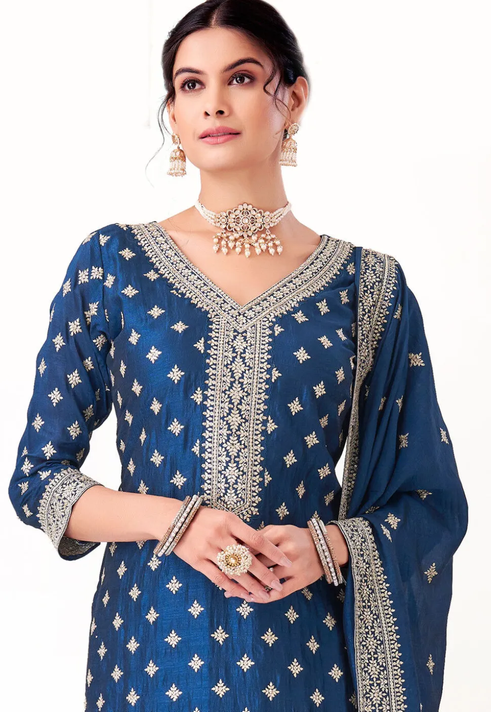 Embroidered Art Silk Pakistani Suit in Teal Blue