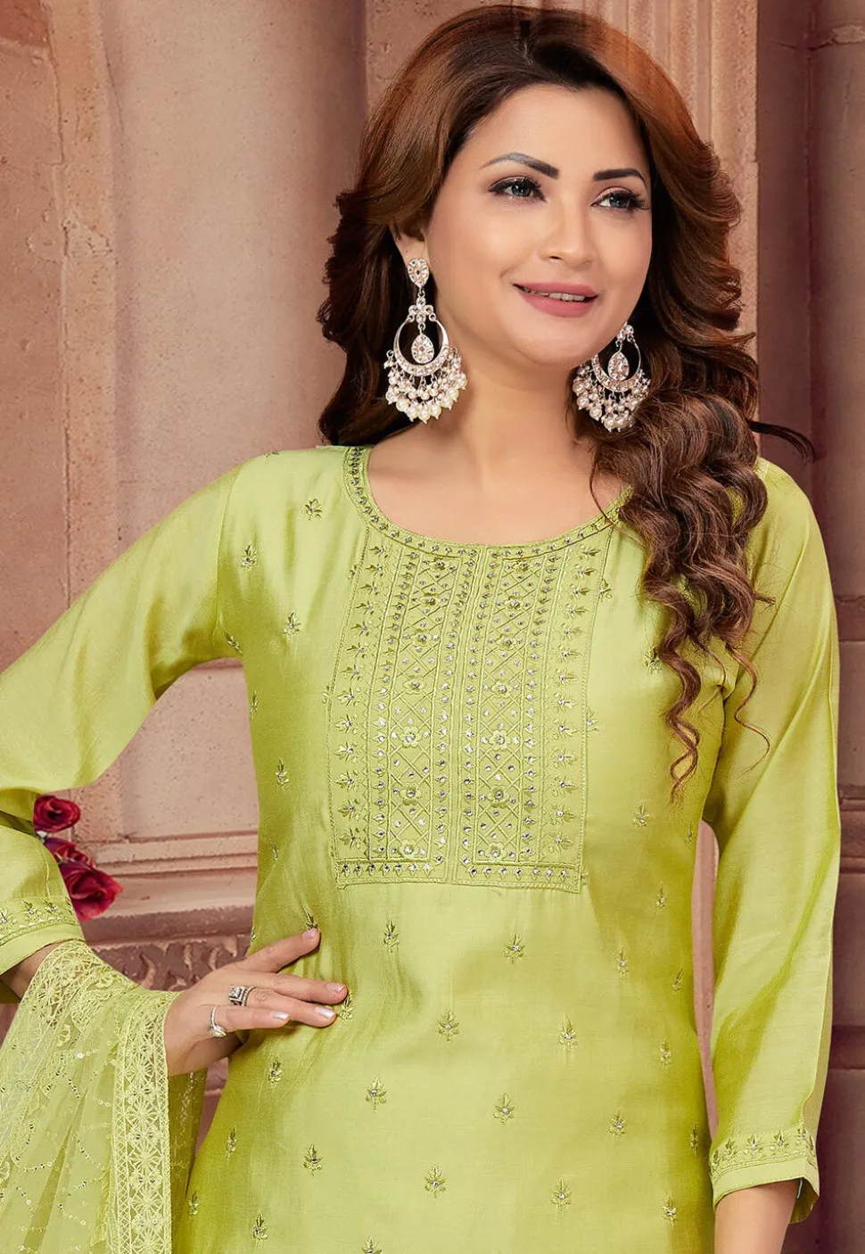 Embroidered Art Silk Pakistani Suit in Light Green