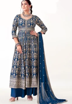 Embroidered Art Silk Pakistani Suit in Teal Blue