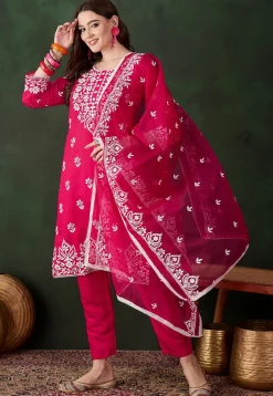 Embroidered Art Silk Pakistani Suit in Fuchsia