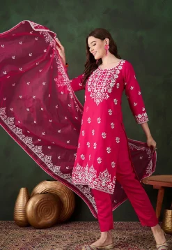 Embroidered Art Silk Pakistani Suit in Fuchsia
