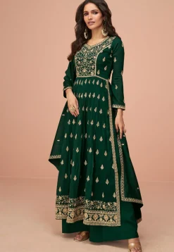 Embroidered Art Silk Pakistani Suit in Dark Green