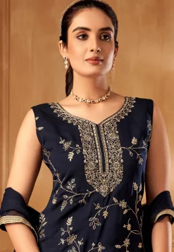 Embroidered Art Silk Pakistani Suit in Dark Blue