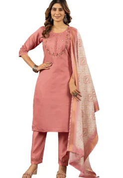 Embroidered Art Silk Pakistani Suit in Peach