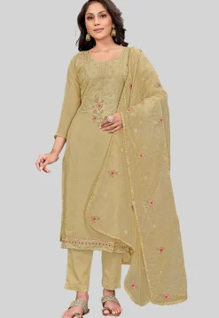 Embroidered Art Silk Pakistani Suit in Beige
