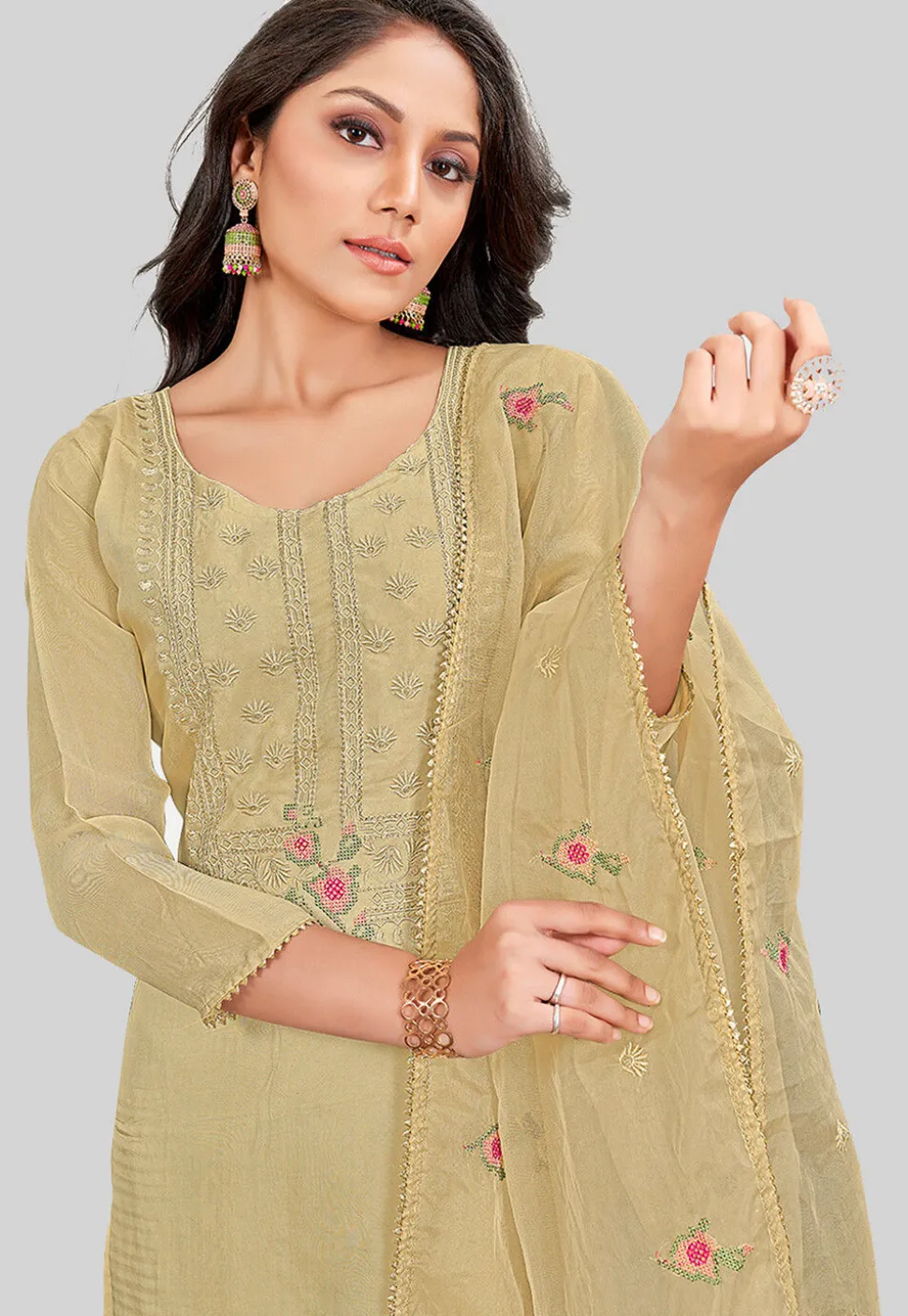 Embroidered Art Silk Pakistani Suit in Beige
