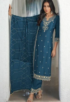 Embroidered Art Silk Pakistani Suit in Teal Blue
