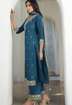 Embroidered Art Silk Pakistani Suit in Teal Blue
