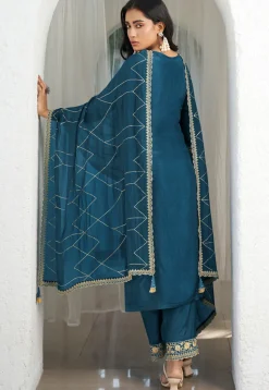 Embroidered Art Silk Pakistani Suit in Teal Blue