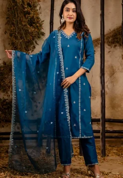 Embroidered Art Silk Pakistani Suit in Teal Blue