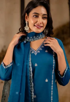 Embroidered Art Silk Pakistani Suit in Teal Blue