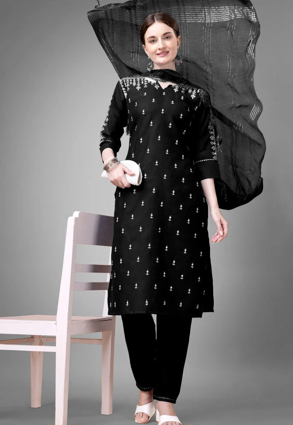 Embroidered Art Silk Pakistani Suit in Black