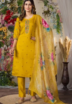 Embroidered Art Silk Pakistani Suit in Yellow
