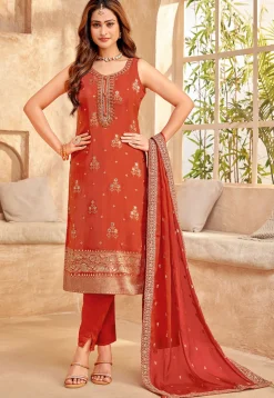 Embroidered Art Silk Pakistani Suit in Orange
