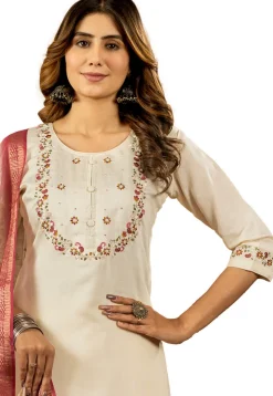 Embroidered Art Silk Pakistani Suit in Off White