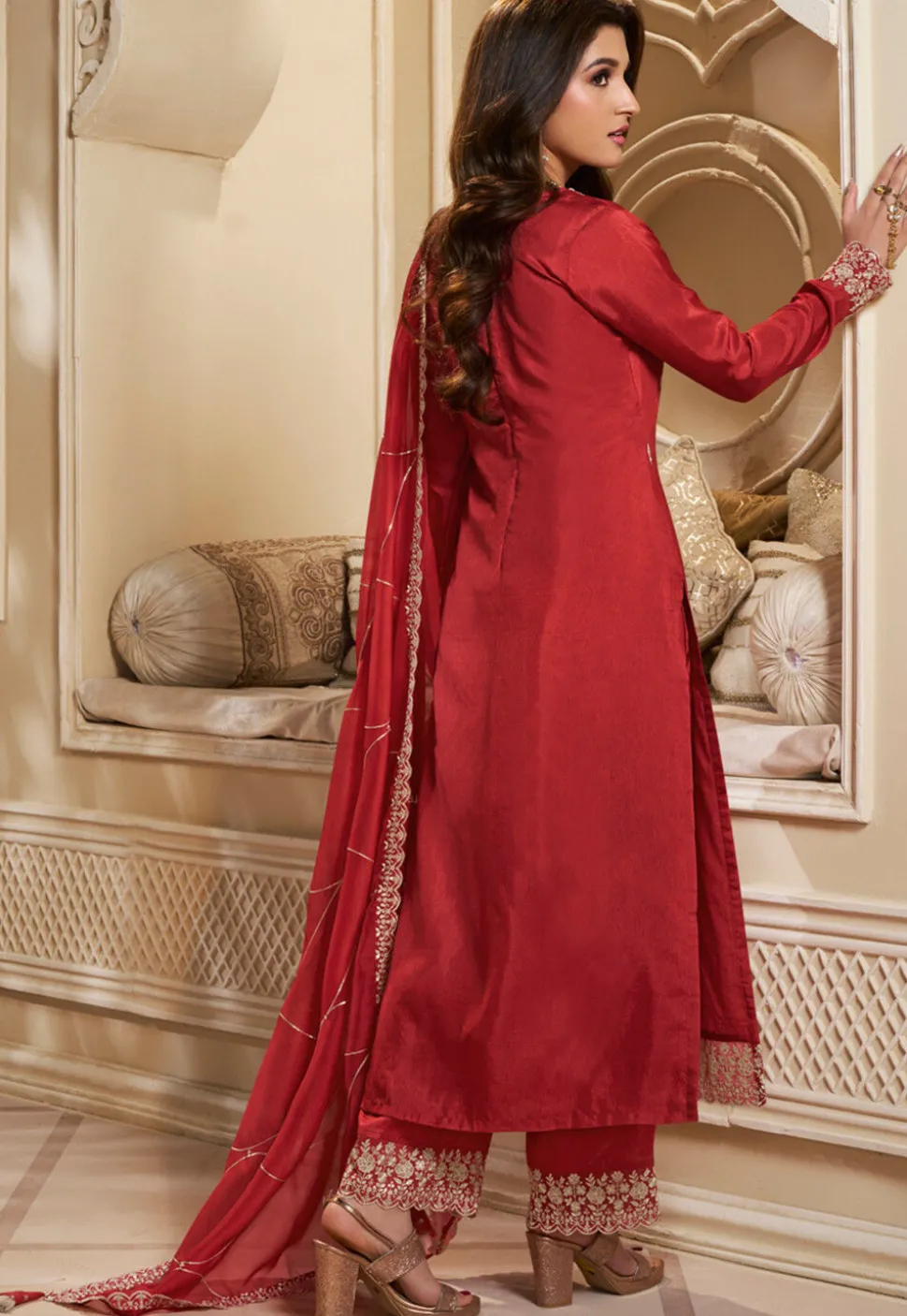 Embroidered Art Silk Pakistani Suit in Red
