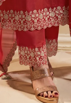 Embroidered Art Silk Pakistani Suit in Red