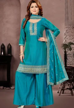 Embroidered Art Silk Pakistani Suit in Teal Blue