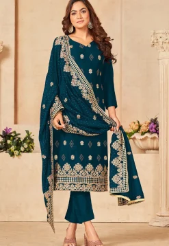Embroidered Art Silk Pakistani Suit in Teal Blue