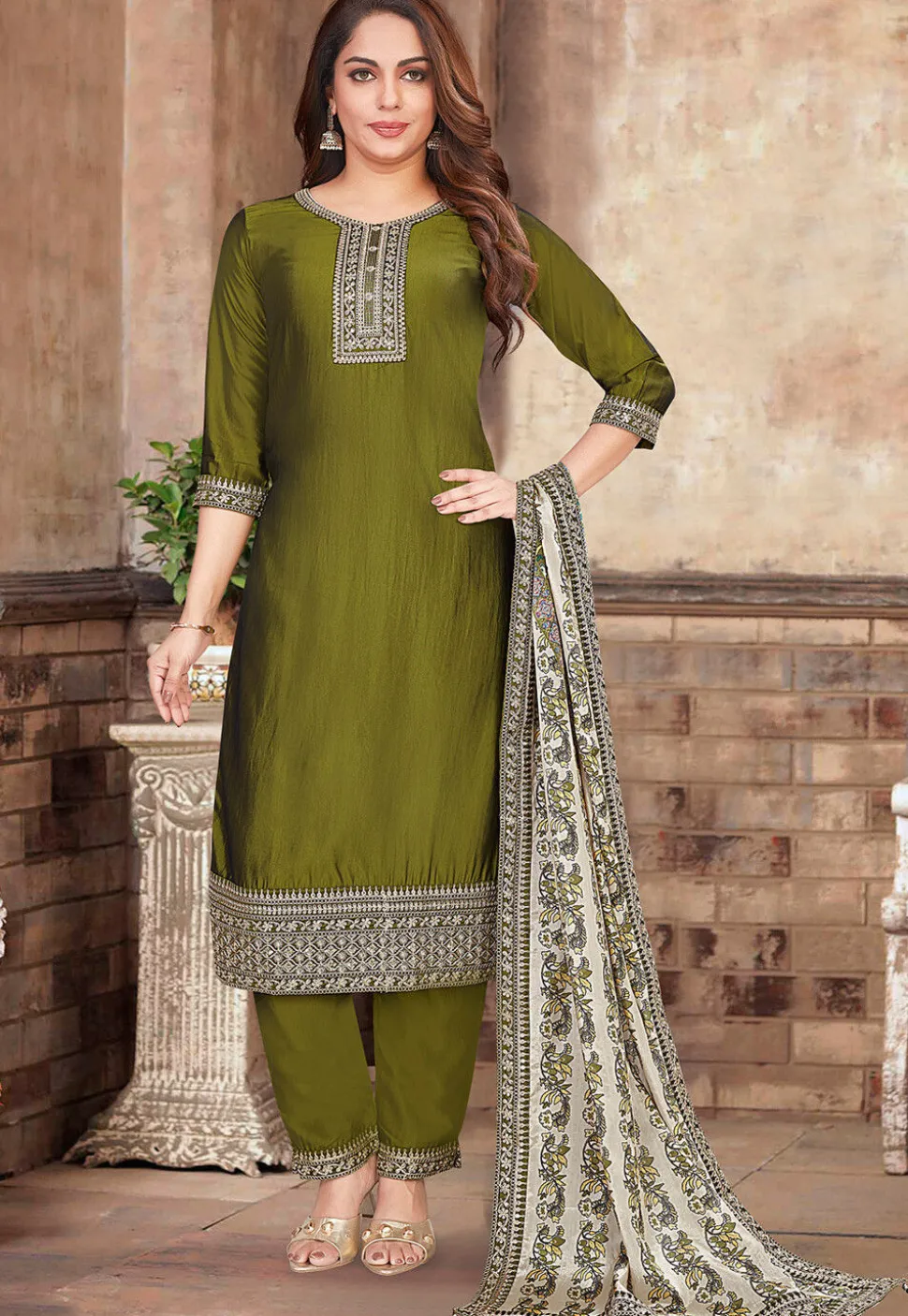 Embroidered Art Silk Pakistani Suit in Olive Green