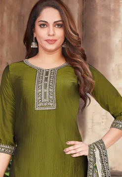 Embroidered Art Silk Pakistani Suit in Olive Green