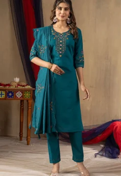 Embroidered Art Silk Pakistani Suit in Teal Blue