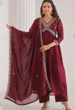 Embroidered Art Silk Pakistani Suit in Maroon