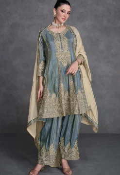 Embroidered Art Silk Pakistani Suit in Grey
