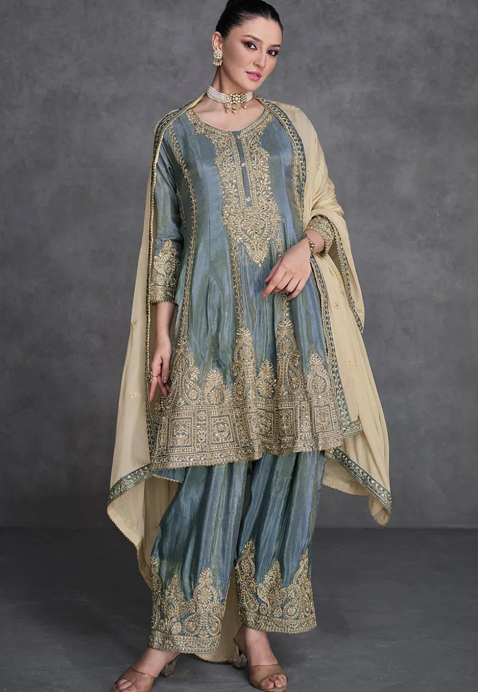Embroidered Art Silk Pakistani Suit in Grey