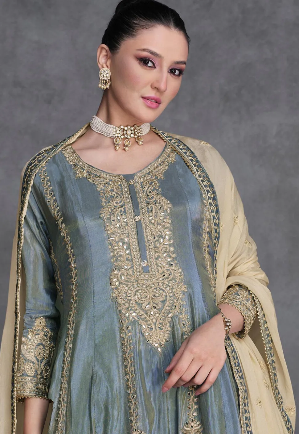 Embroidered Art Silk Pakistani Suit in Grey