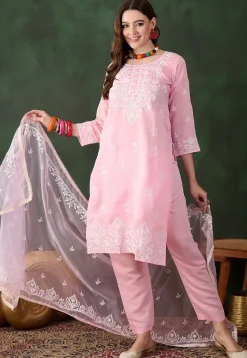 Embroidered Art Silk Pakistani Suit in Baby Pink