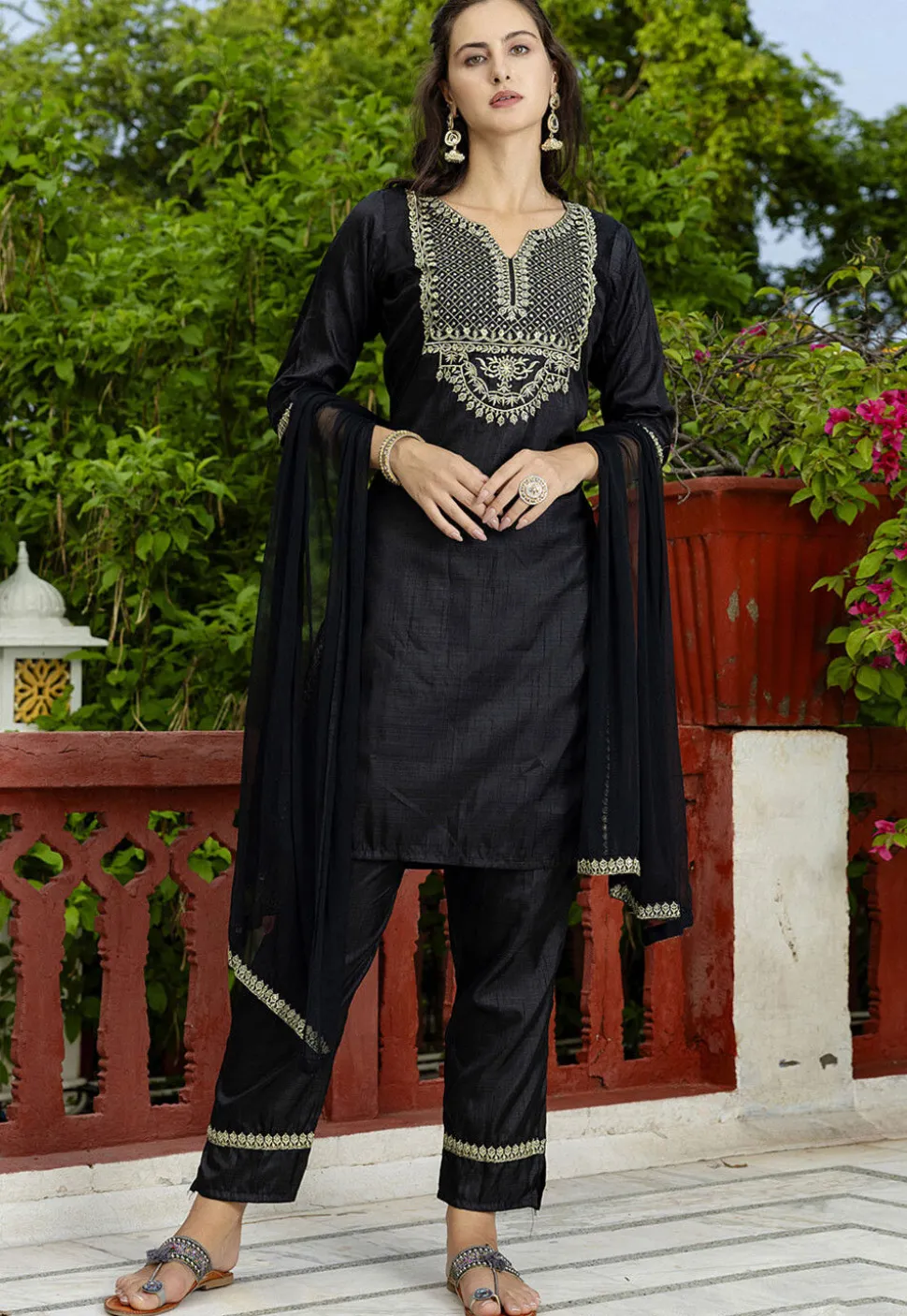 Embroidered Art Silk Pakistani Suit in Black