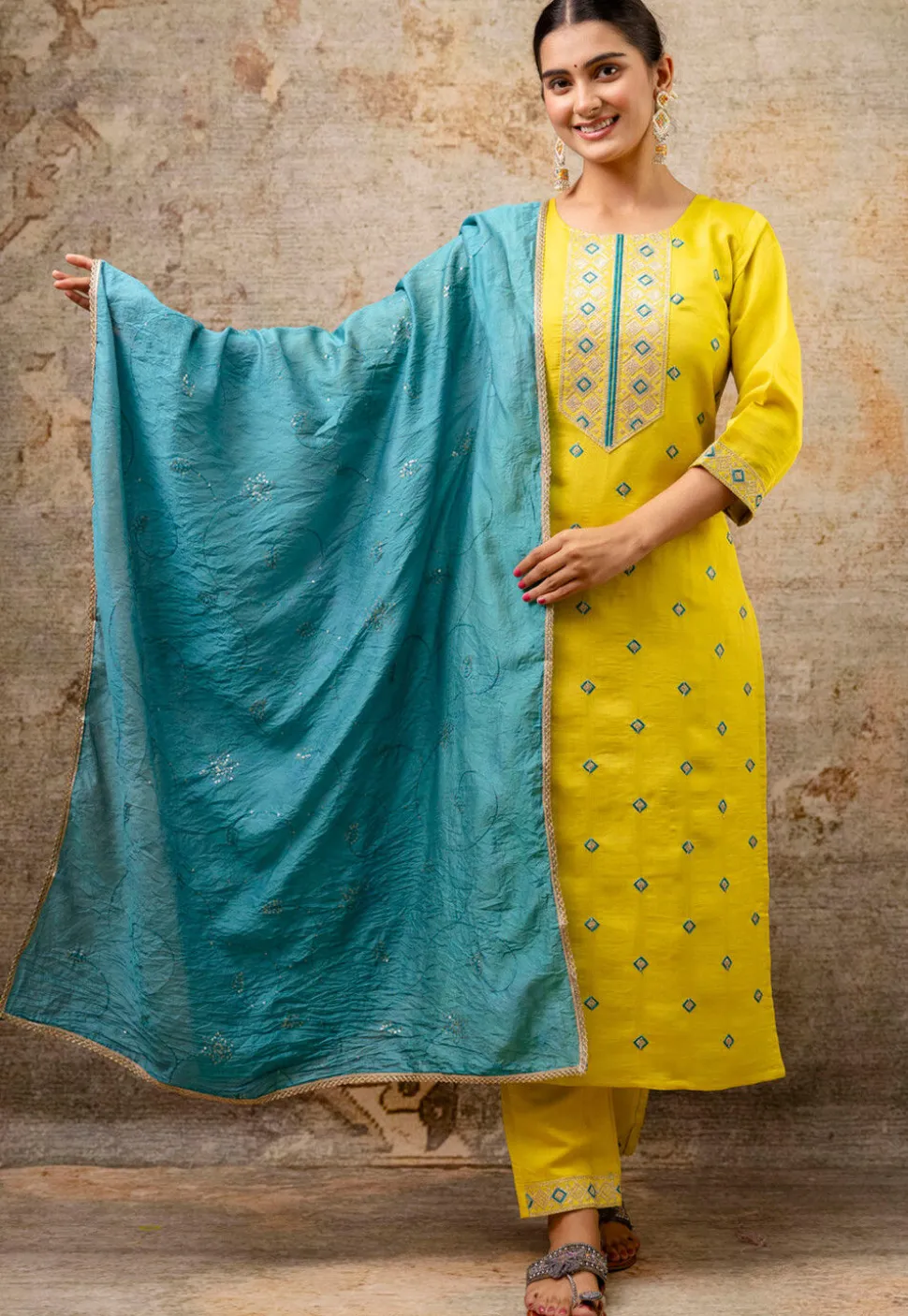 Embroidered Art Silk Pakistani Suit in Yellow