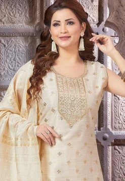 Embroidered Art Silk Pakistani Suit in Cream