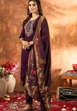 Embroidered Art Silk Pakistani Suit in Wine