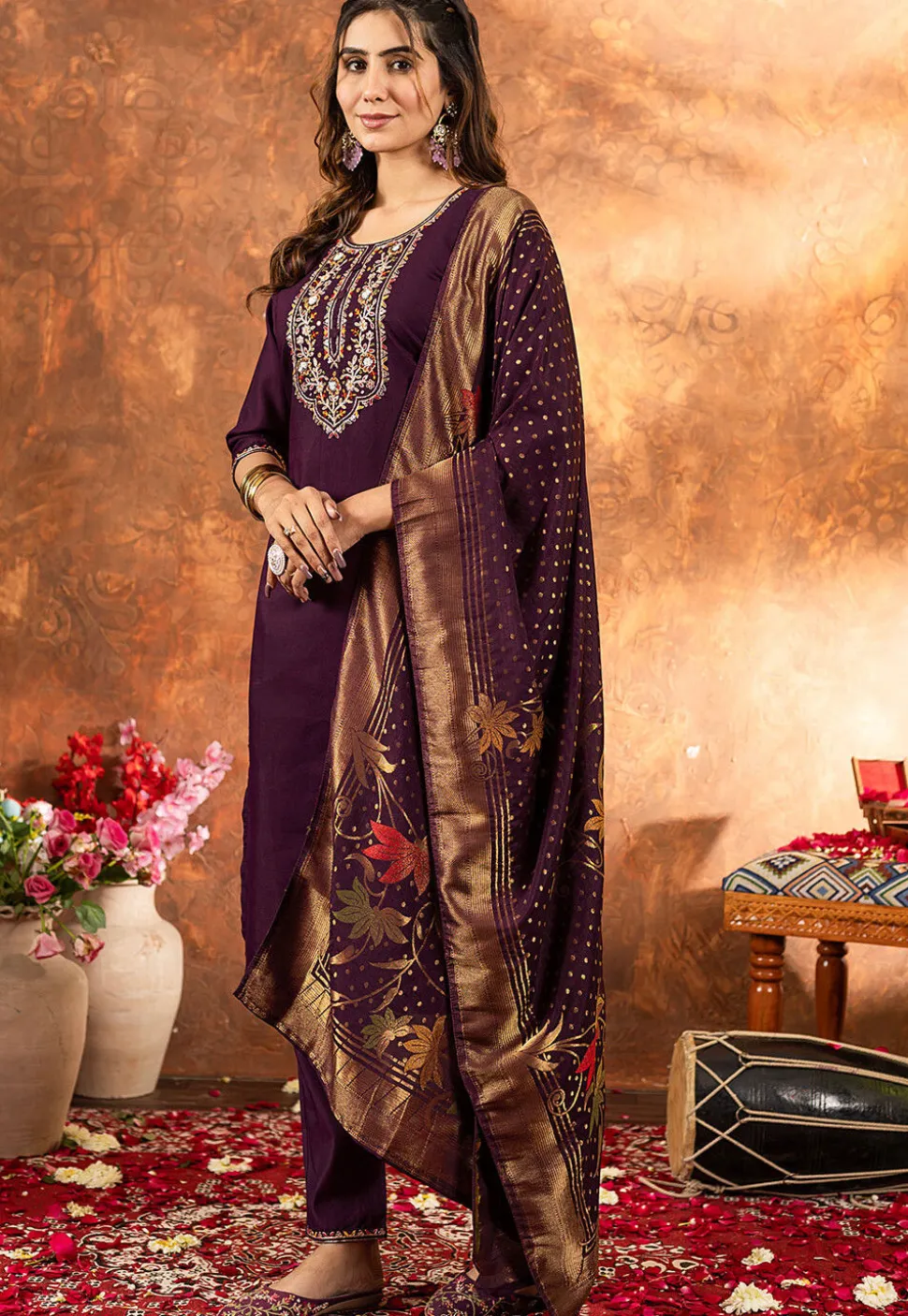 Embroidered Art Silk Pakistani Suit in Wine