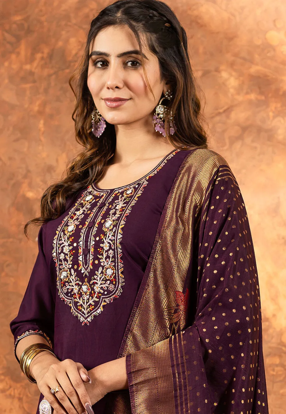 Embroidered Art Silk Pakistani Suit in Wine