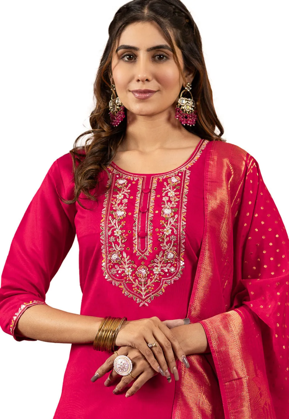 Embroidered Art Silk Pakistani Suit in Fuchsia