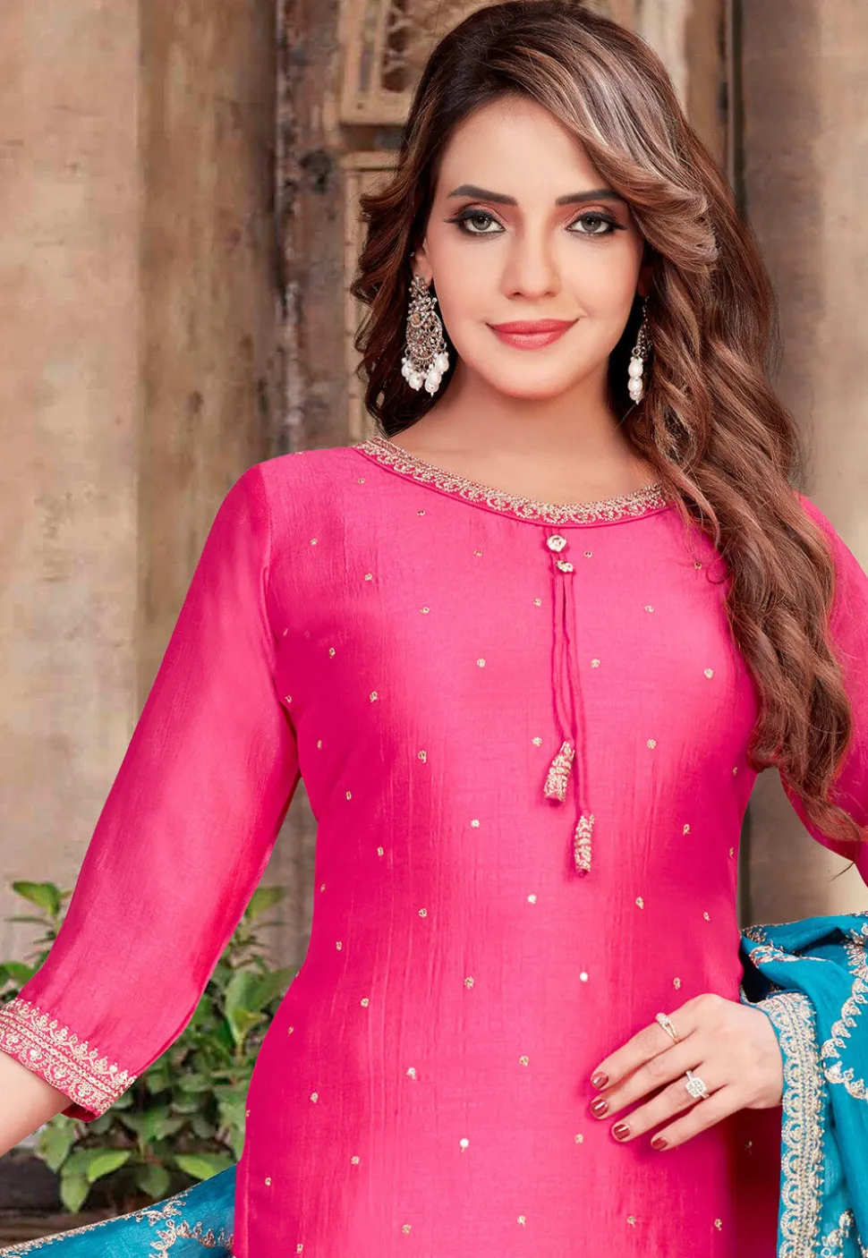 Embroidered Art Silk Pakistani Suit in Pink